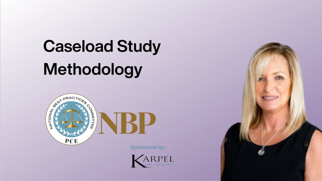 A purple background includes the text, "Caseload study methodology," and features a headshot of Elaine Borakove, President of the Justice Management Institute in Virginia.