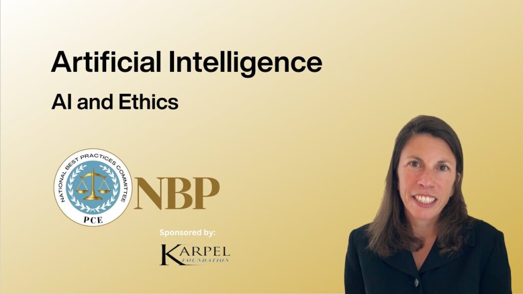 A yellow background includes the text, "Artificial Intelligence" and "AI and Ethics" with a headshot of Antonia Merzon, Senior Attorney at PCE.
