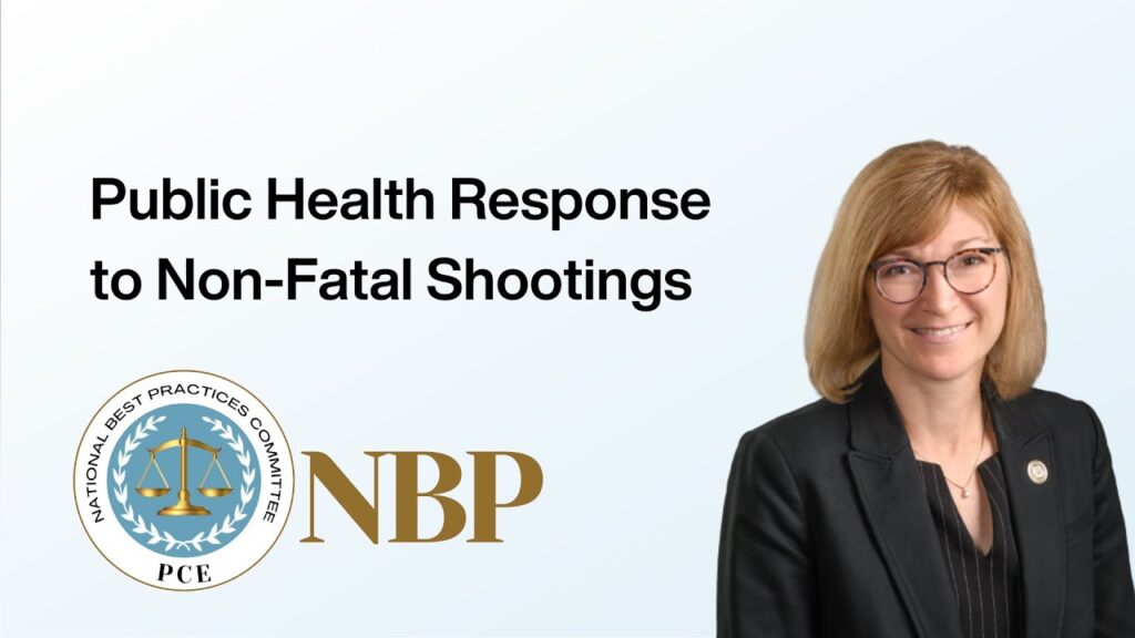 A light blue background includes the text, "Public Health Response to non-fatal shootings" with a headshot of prosecuting attorney Jean Peters Baker of Jackson County, MO.