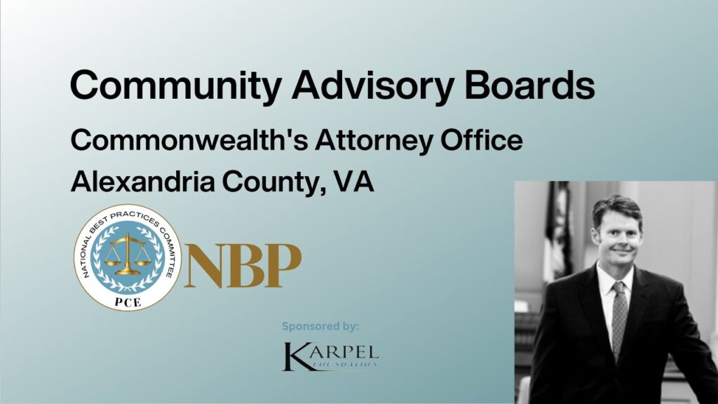 A light green background includes text, "Community Advisory Boards" and "Commonwealth's Attorney Office Alexandria County, VA" with a headshot of Commonwealth Attorney Bryan Porter.