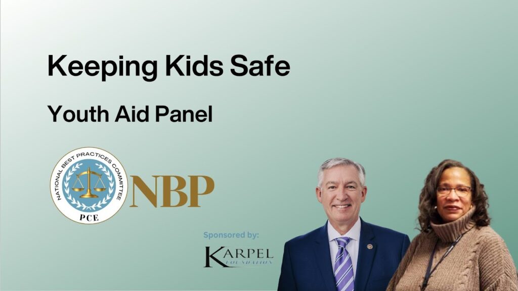 Graphic features a green background with text, "Keeping Kids Safe" and "Youth Aid Panel." It features the headshots of presenters DA Kevin Steele, and Youth Aid Panel Coordinator, Angela Bell of the Montgomery District Attorney’s Office, PA.