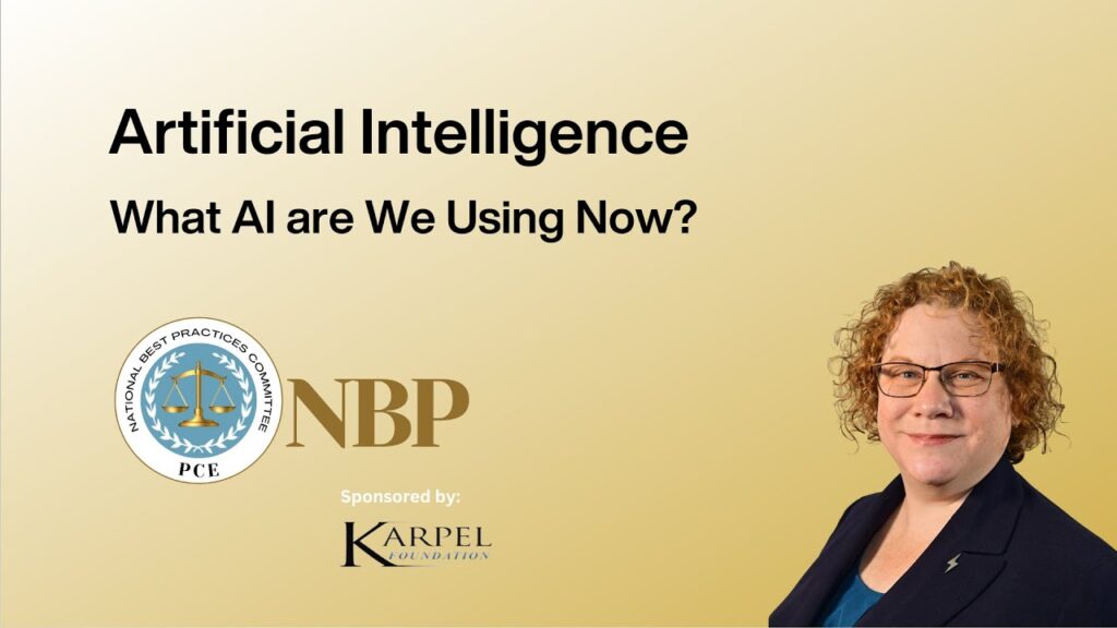 A yellow background includes the text, "Artificial Intelligence" and "What AI Are we Using Now?" with a headshot of ADA Sara Kurtzberg of the Brooklyn DA's Office.