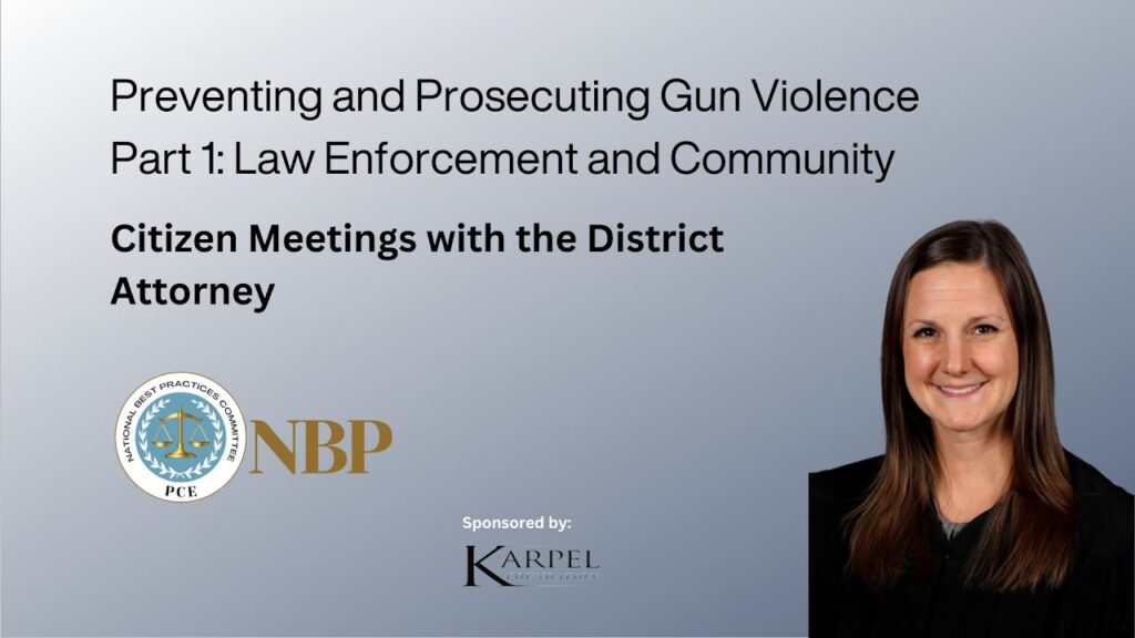 A blue background includes text, "Preventing and Prosecuting Gun Violence, Part 1: Law Enforcement and Community," and "Citizen Meetings with the District Attorney" It includes a headshot of Chief Assistant DA Anna Rossi Anderson of the Salt Lake County District Attorney's Office.